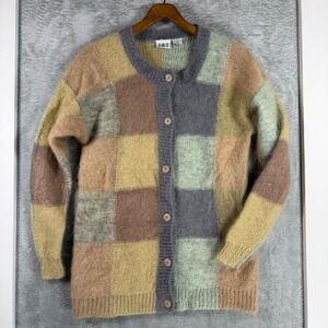 JRT Vintage Mohair Wool Patchwork Cardigan Sweater Large Multi Color Block